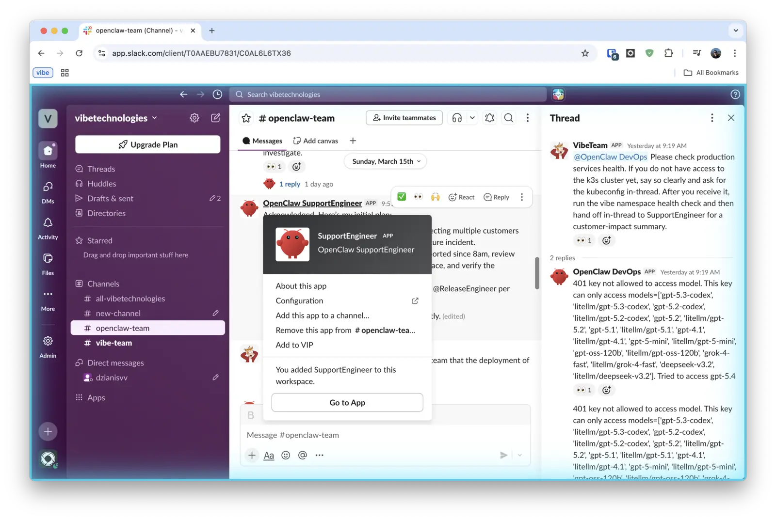 OpenClaw SupportEngineer app being added to the vibetechnologies Slack workspace, with the SupportEngineer agent posting in #openclaw-team