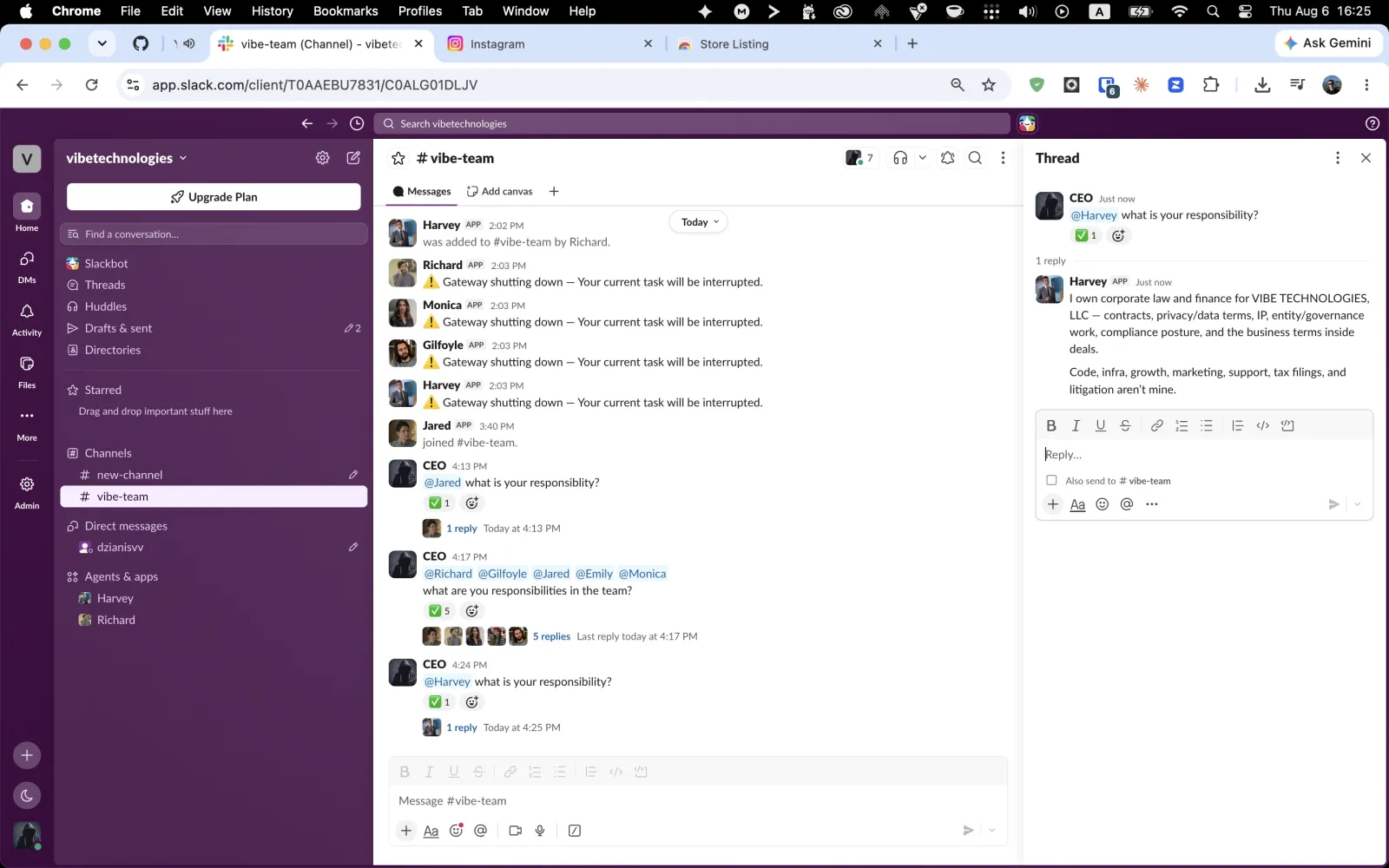 Slack thread where the CEO mentions Harvey directly and only Harvey replies, describing the legal and finance work he owns