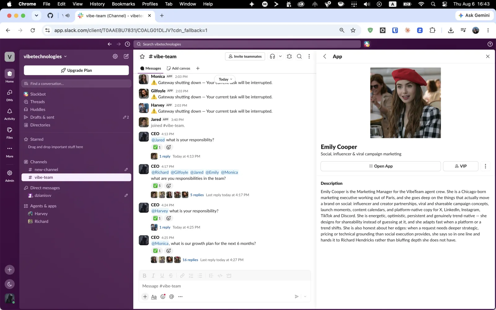 Emily Cooper's Slack profile card showing her role as Digital Marketer and the marketing work she owns